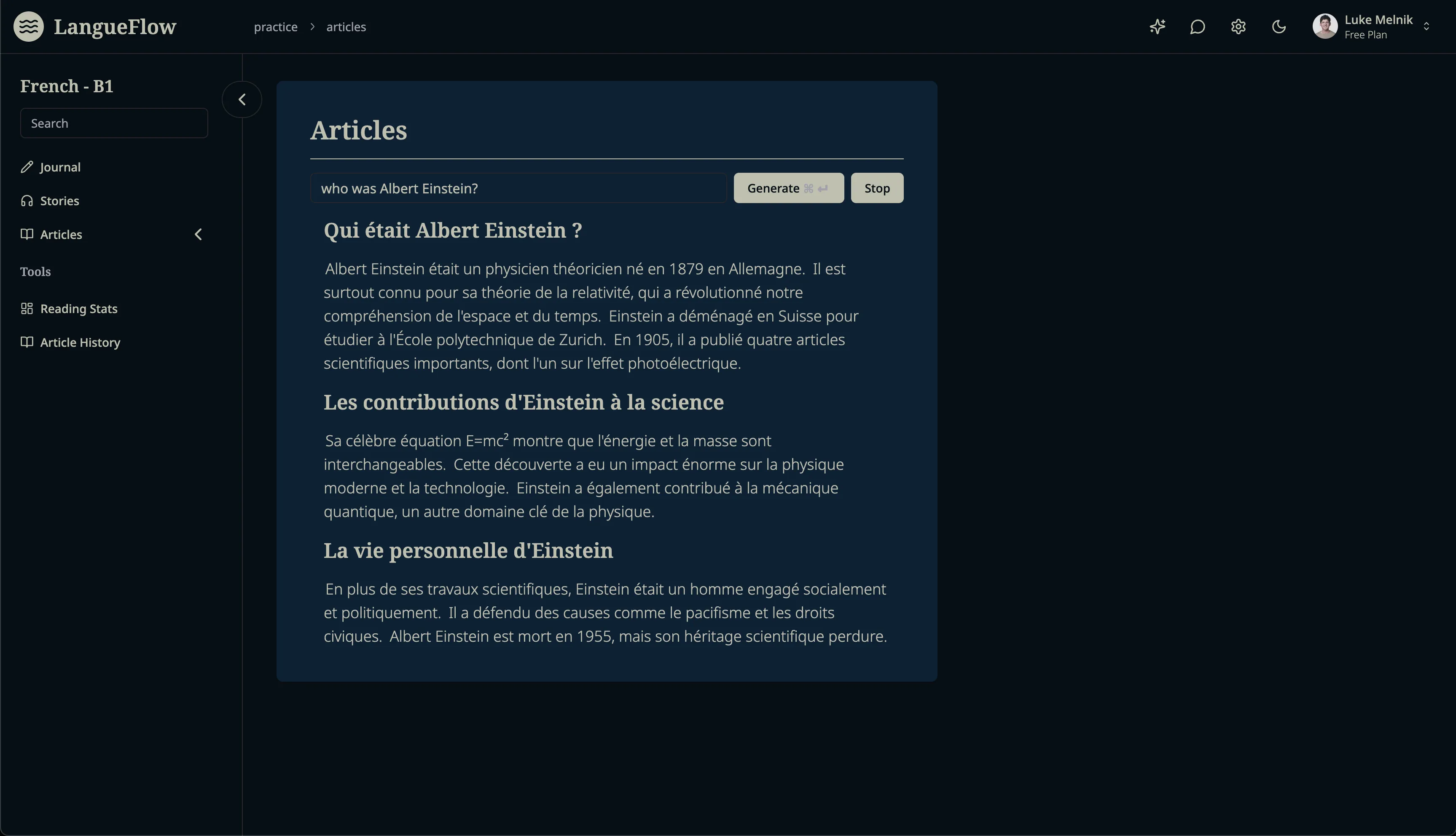 Articles explored topics in the target language with inline help
